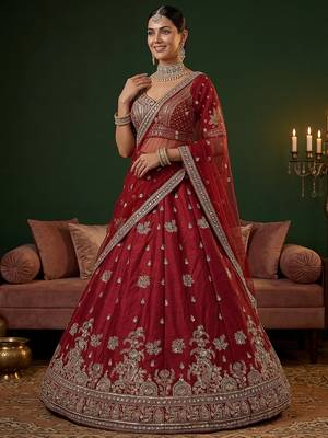 red bead work silk bridal lehenga choli with double dupatta 2