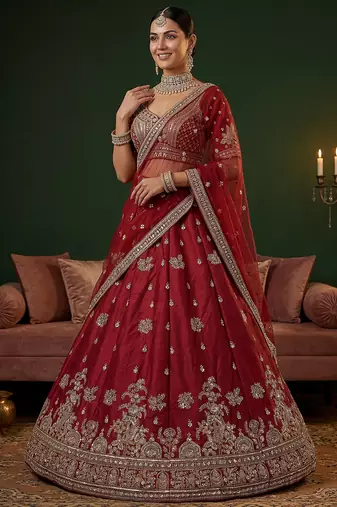 red bead work silk bridal lehenga choli with double dupatta