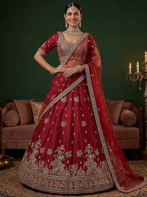 red bead work silk bridal lehenga choli with double dupatta 3