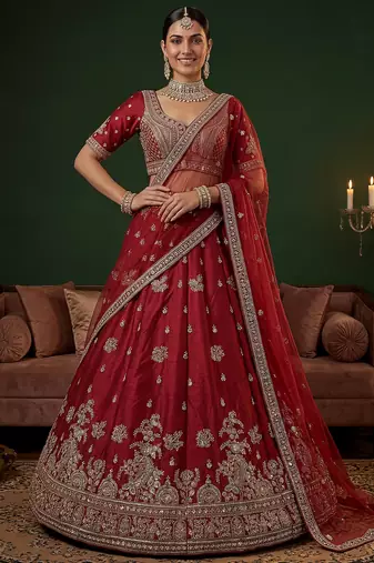 red bead work silk bridal lehenga choli with double dupatta