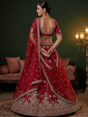red bead work silk bridal lehenga choli with double dupatta 4