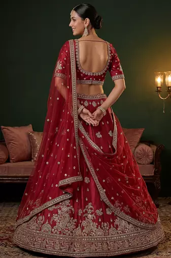 red bead work silk bridal lehenga choli with double dupatta