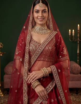 red bead work silk bridal lehenga choli with double dupatta 5