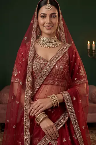 red bead work silk bridal lehenga choli with double dupatta