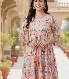 Ftdiva women's  embroidered anarkali pink printed kurti in rayon
