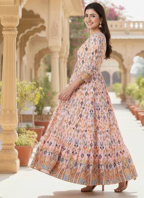 Ftdiva women's  embroidered anarkali pink printed kurti in rayon 4