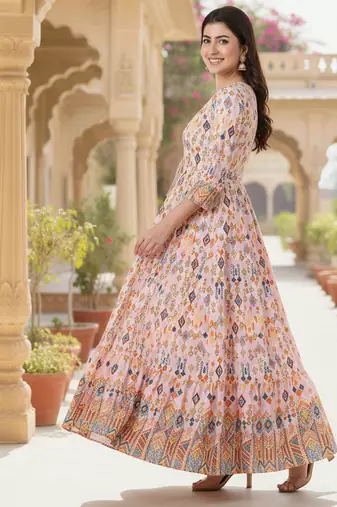 Ftdiva women's  embroidered anarkali pink printed kurti in rayon