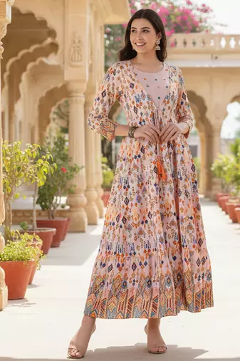 Ftdiva women's  embroidered anarkali pink printed kurti in rayon