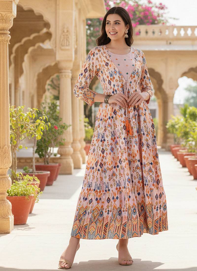 Ftdiva women's  embroidered anarkali pink printed kurti in rayon