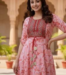 Ftdiva women's  embroidered anarkali pink printed kurti in rayon