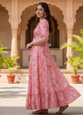 Ftdiva women's  embroidered anarkali pink printed kurti in rayon 3
