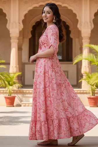 Ftdiva women's  embroidered anarkali pink printed kurti in rayon