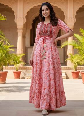 Ftdiva women's  embroidered anarkali pink printed kurti in rayon 1