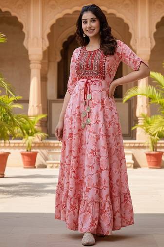 Ftdiva women's  embroidered anarkali pink printed kurti in rayon