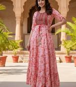 Ftdiva women's  embroidered anarkali pink printed kurti in rayon