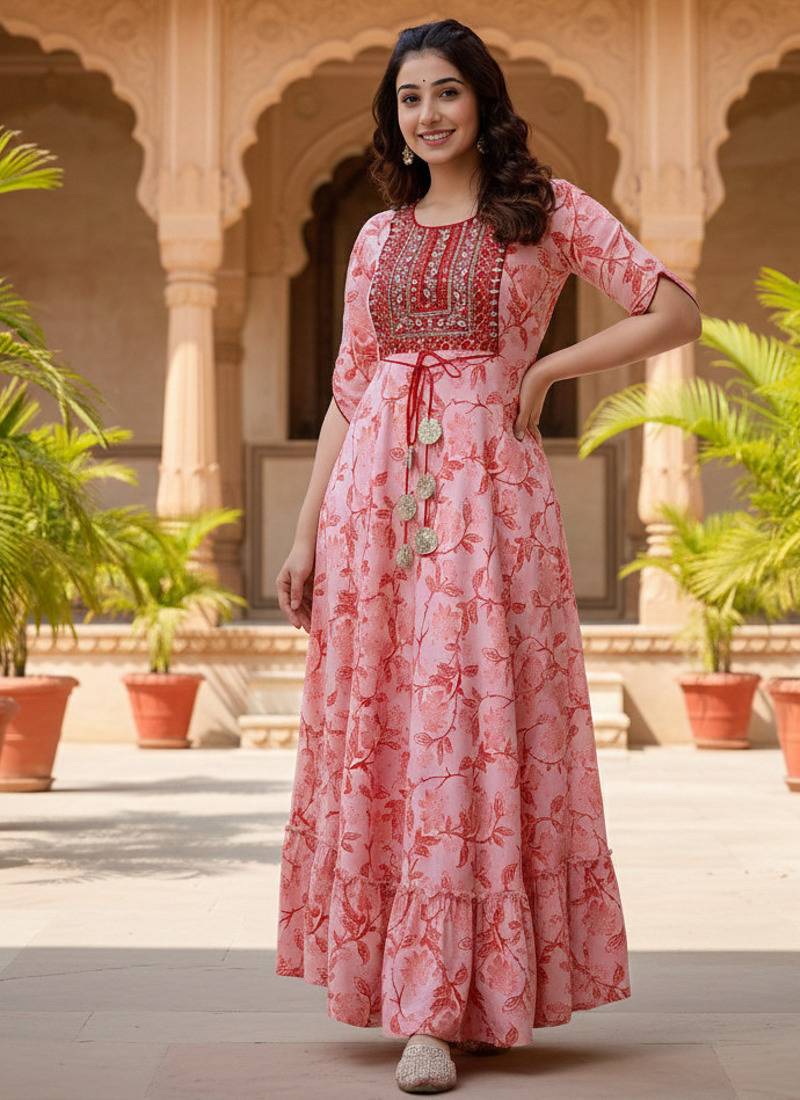 Ftdiva women's  embroidered anarkali pink printed kurti in rayon