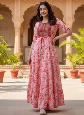 Ftdiva women's  embroidered anarkali pink printed kurti in rayon 4