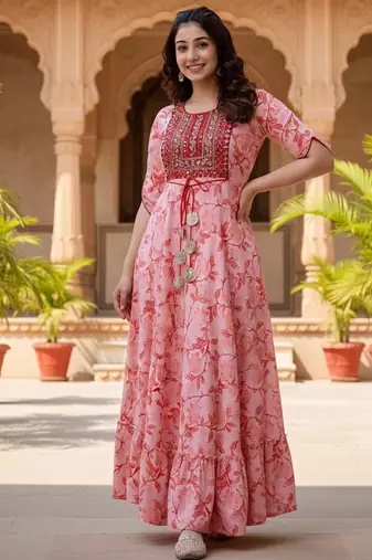 Ftdiva women's  embroidered anarkali pink printed kurti in rayon