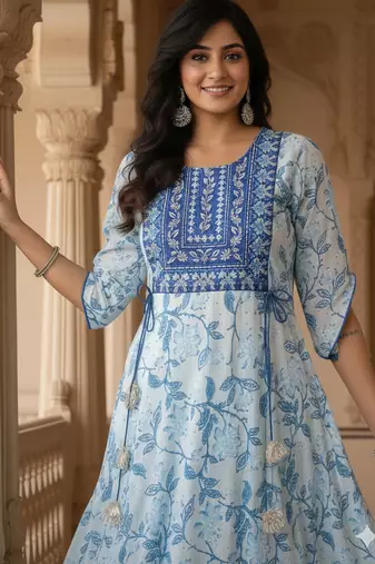 Ftdiva women's  embroidered anarkali blue printed kurti in rayon