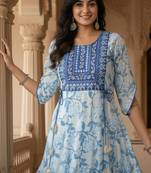 Ftdiva women's  embroidered anarkali blue printed kurti in rayon