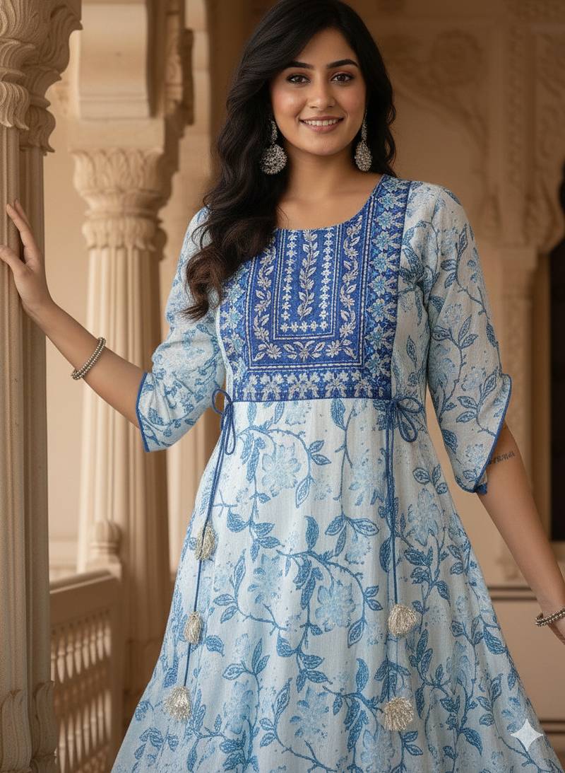 Ftdiva women's  embroidered anarkali blue printed kurti in rayon