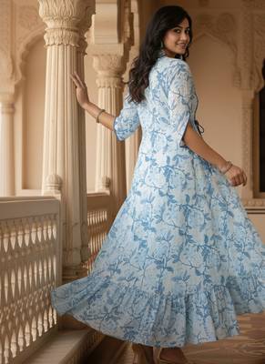 Ftdiva women's  embroidered anarkali blue printed kurti in rayon 2