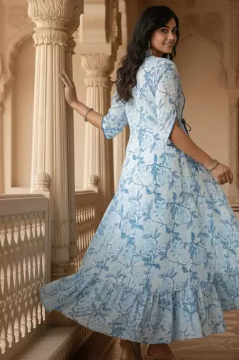 Ftdiva women's  embroidered anarkali blue printed kurti in rayon