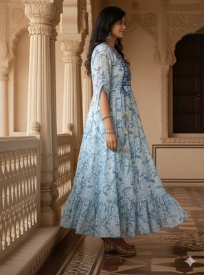 Ftdiva women's  embroidered anarkali blue printed kurti in rayon 3