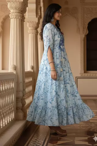 Ftdiva women's  embroidered anarkali blue printed kurti in rayon