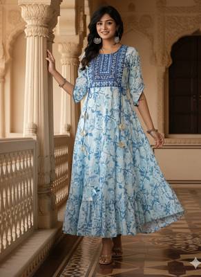 Ftdiva women's  embroidered anarkali blue printed kurti in rayon 4