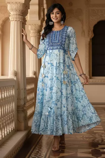 Ftdiva women's  embroidered anarkali blue printed kurti in rayon