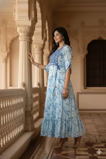 Ftdiva women's  embroidered anarkali blue printed kurti in rayon