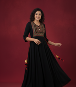 Ftdiva women's  embroidered anarkali black printed kurti in rayon