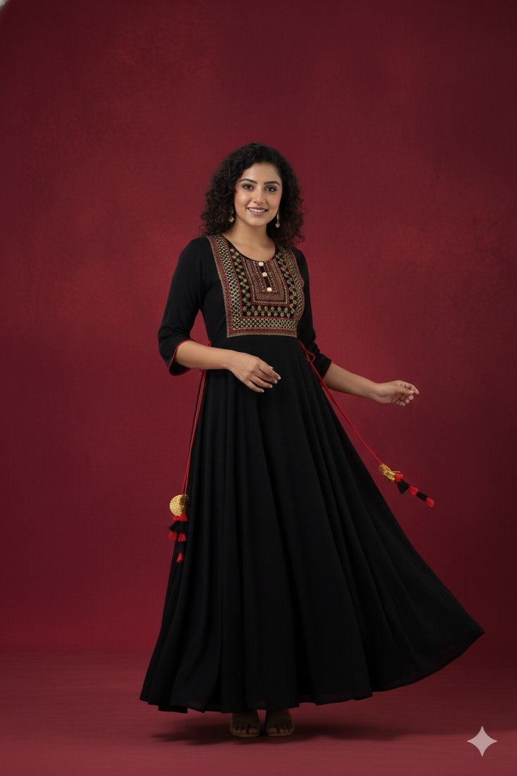 Ftdiva women's  embroidered anarkali black printed kurti in rayon