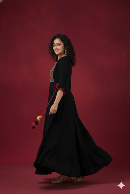 Ftdiva women's  embroidered anarkali black printed kurti in rayon 3