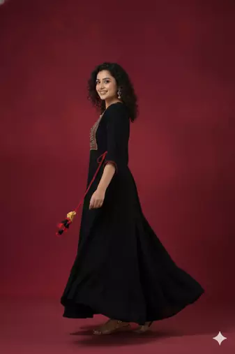Ftdiva women's  embroidered anarkali black printed kurti in rayon