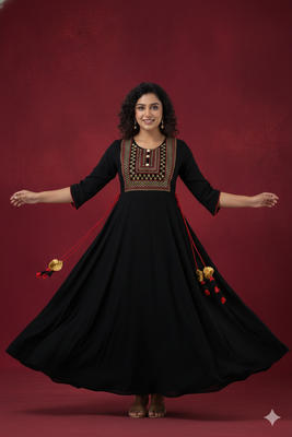 Ftdiva women's  embroidered anarkali black printed kurti in rayon 4