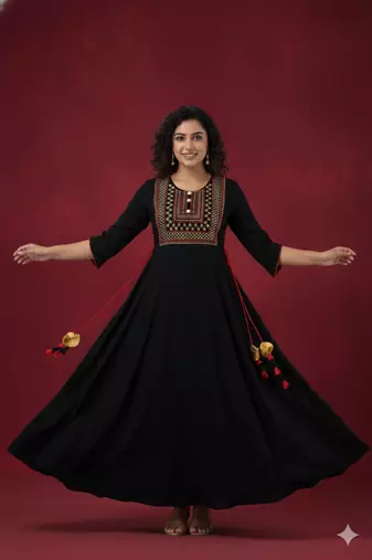 Ftdiva women's  embroidered anarkali black printed kurti in rayon