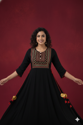 Ftdiva women's  embroidered anarkali black printed kurti in rayon 5