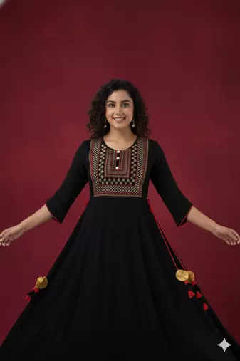 Ftdiva women's  embroidered anarkali black printed kurti in rayon