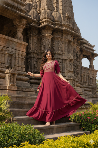 Ftdiva women's  embroidered anarkali red printed kurti in rayon