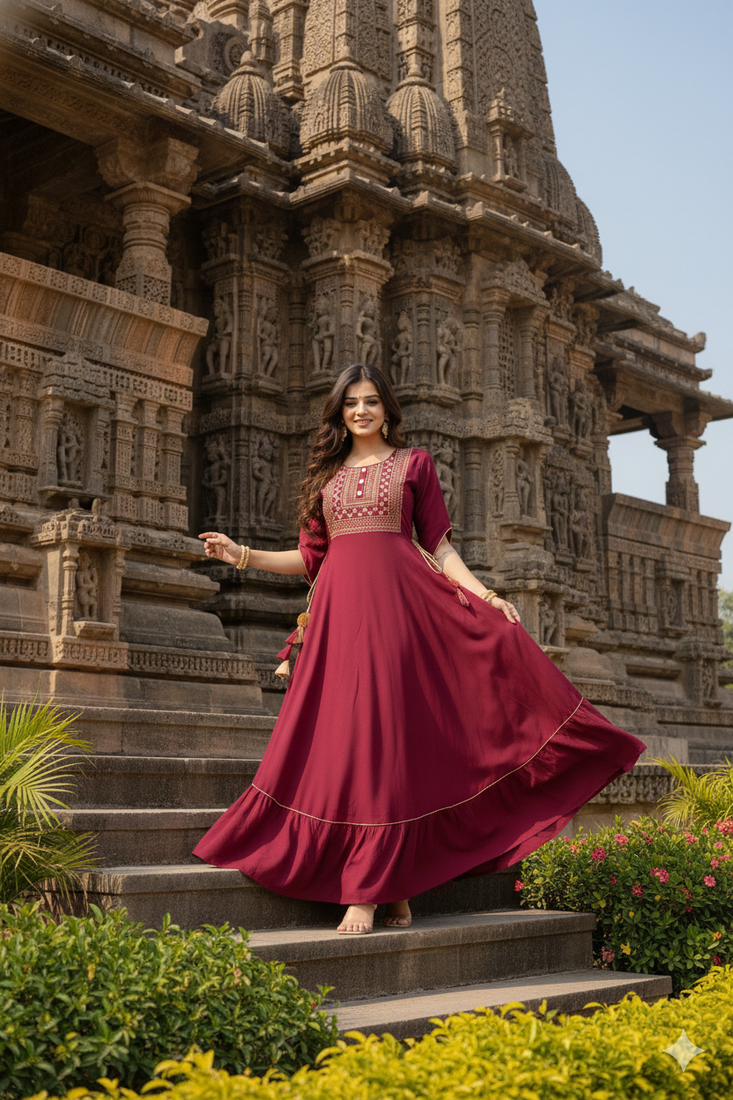 Ftdiva women's  embroidered anarkali red printed kurti in rayon