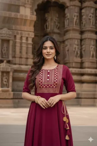 Ftdiva women's  embroidered anarkali red printed kurti in rayon