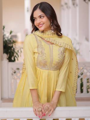 Superb Yellow Bead Embroidered Chanderi Haldi Wear Salwar Kameez 6