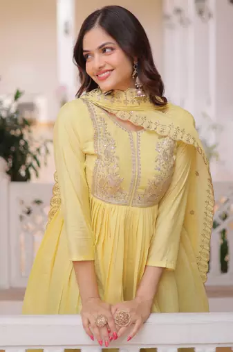 Superb Yellow Bead Embroidered Chanderi Haldi Wear Salwar Kameez
