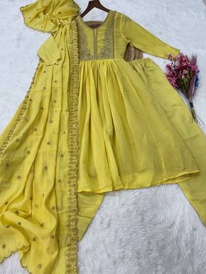 Superb Yellow Bead Embroidered Chanderi Haldi Wear Salwar Kameez 7