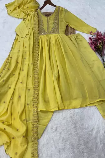 Superb Yellow Bead Embroidered Chanderi Haldi Wear Salwar Kameez