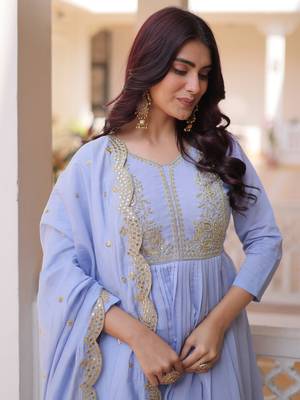 Awesome Sky Blue Bead Embroidered Chanderi Event Wear Salwar Kameez 6