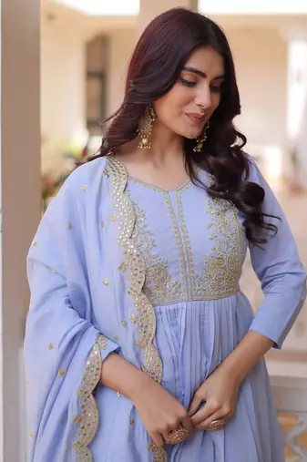 Awesome Sky Blue Bead Embroidered Chanderi Event Wear Salwar Kameez