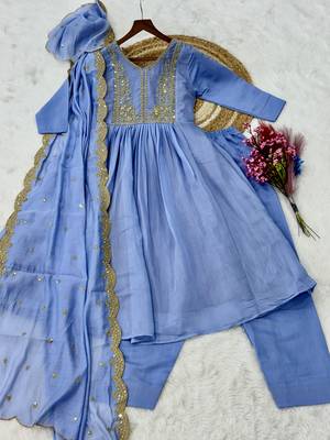 Awesome Sky Blue Bead Embroidered Chanderi Event Wear Salwar Kameez 7